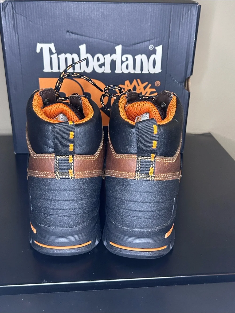 Timberland PRO Men's Brown and Black Leather Work Boots with Orange Accents